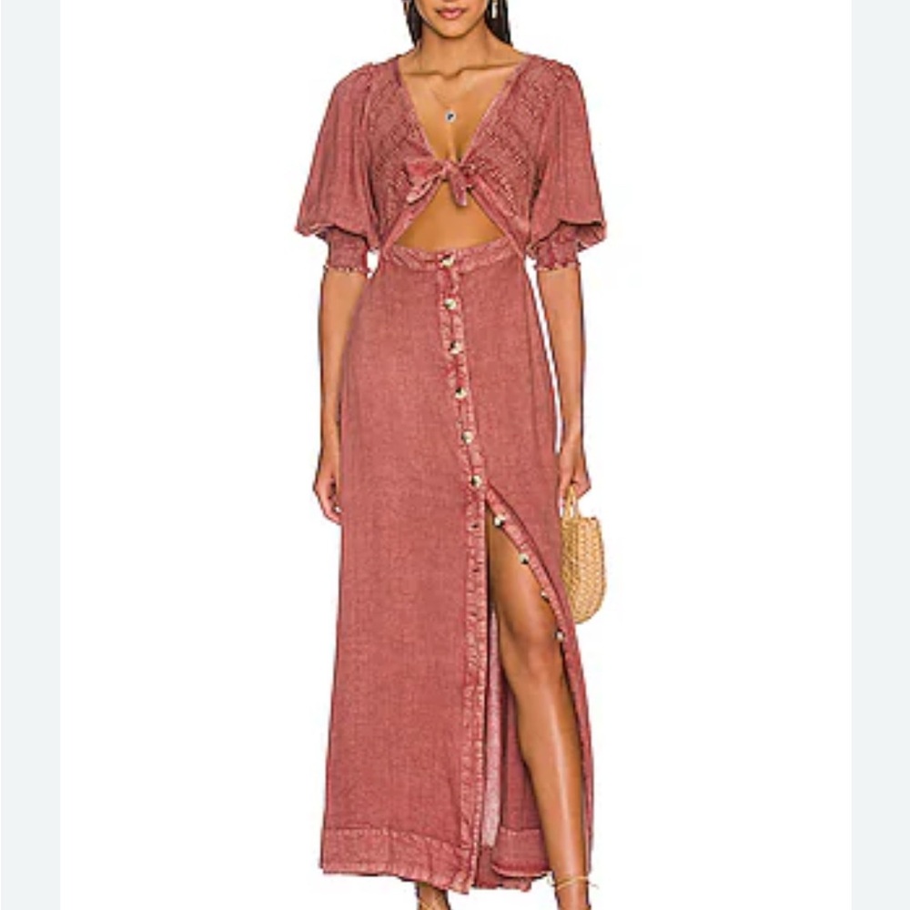 Free People Boho Rust Maxi Skirt Dress with Cut Out and Puff Sleeves New S